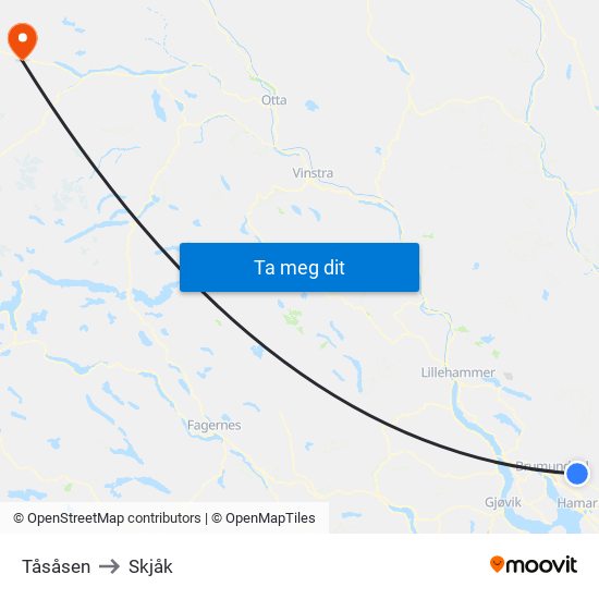 Tåsåsen to Skjåk map