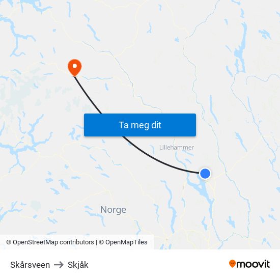 Skårsveen to Skjåk map