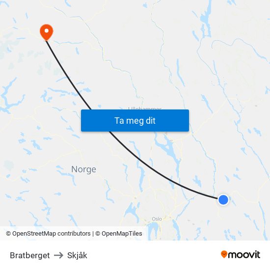 Bratberget to Skjåk map