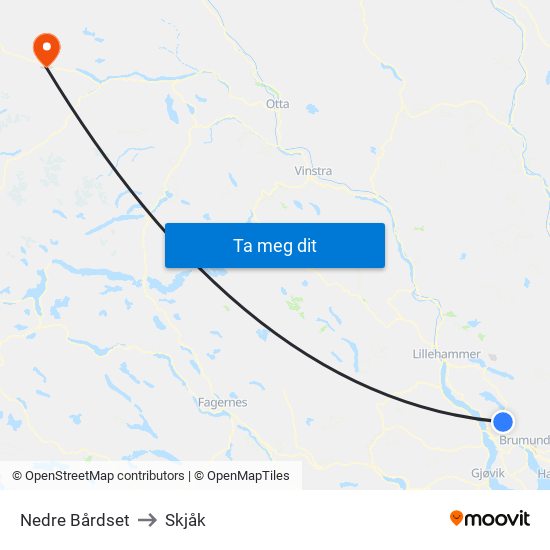 Nedre Bårdset to Skjåk map