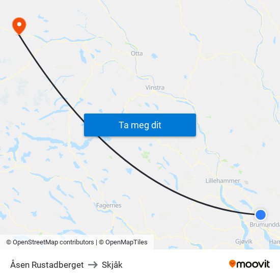 Åsen Rustadberget to Skjåk map