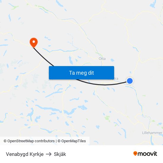 Venabygd Kyrkje to Skjåk map