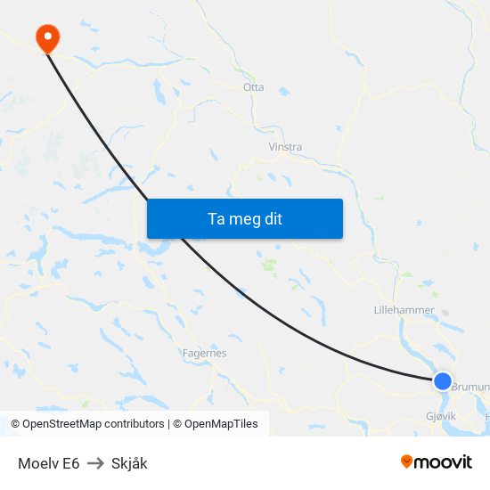 Moelv E6 to Skjåk map