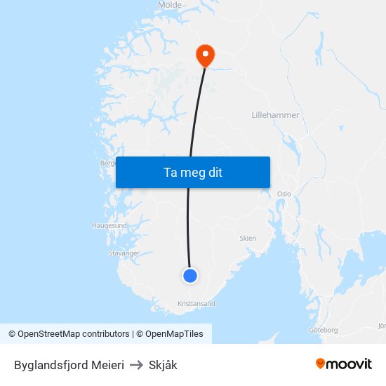 Byglandsfjord Meieri to Skjåk map