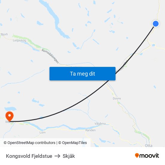 Kongsvold Fjeldstue to Skjåk map