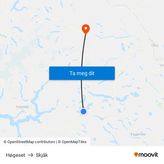 Høgeset to Skjåk map