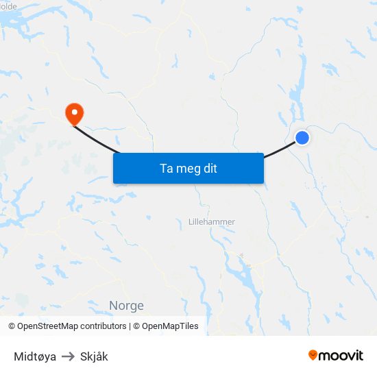 Midtøya to Skjåk map