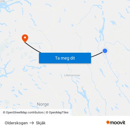 Olderskogen to Skjåk map