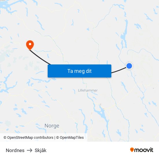 Nordnes to Skjåk map