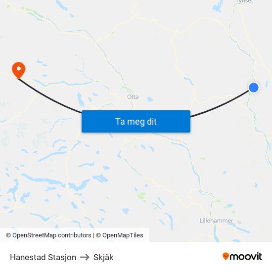 Hanestad Stasjon to Skjåk map