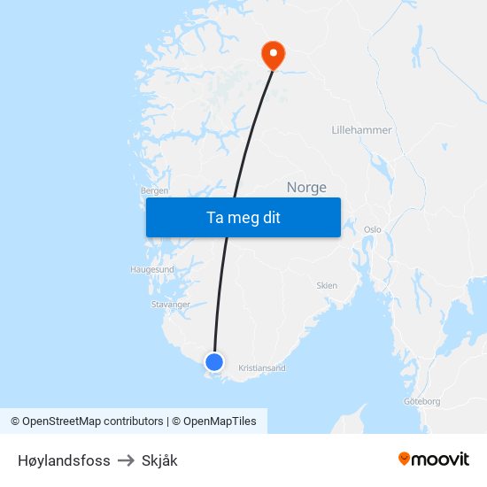 Høylandsfoss to Skjåk map