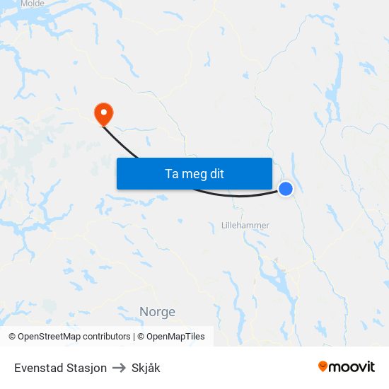 Evenstad Stasjon to Skjåk map