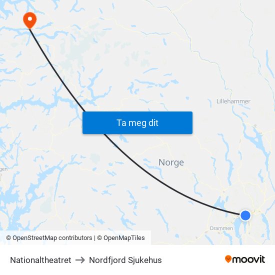 Nationaltheatret to Nordfjord Sjukehus map