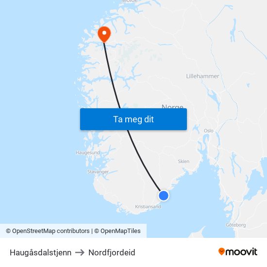 Haugåsdalstjenn to Nordfjordeid map