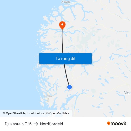 Djukastein E16 to Nordfjordeid map