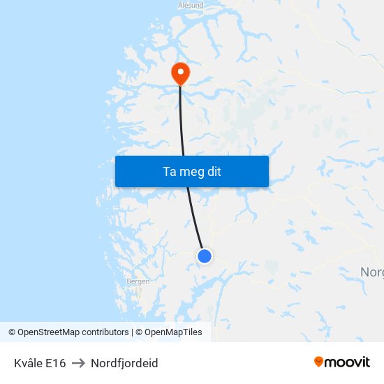 Kvåle E16 to Nordfjordeid map