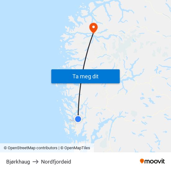 Bjørkhaug to Nordfjordeid map