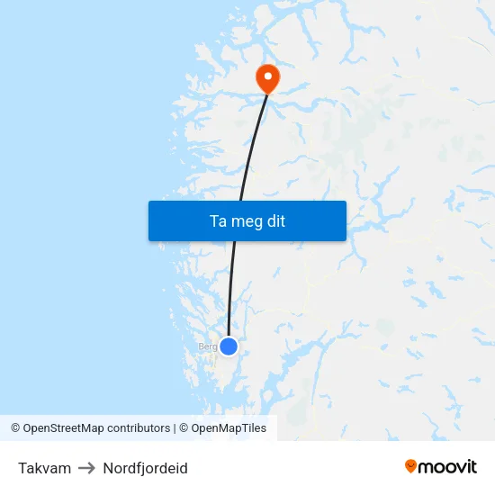 Takvam to Nordfjordeid map