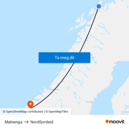 Mølnenga to Nordfjordeid map