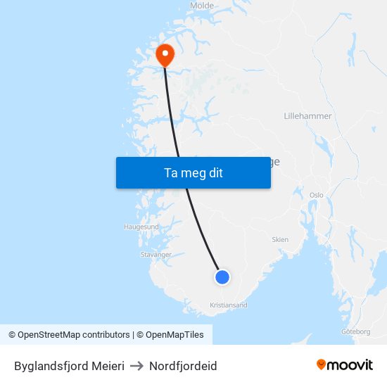 Byglandsfjord Meieri to Nordfjordeid map