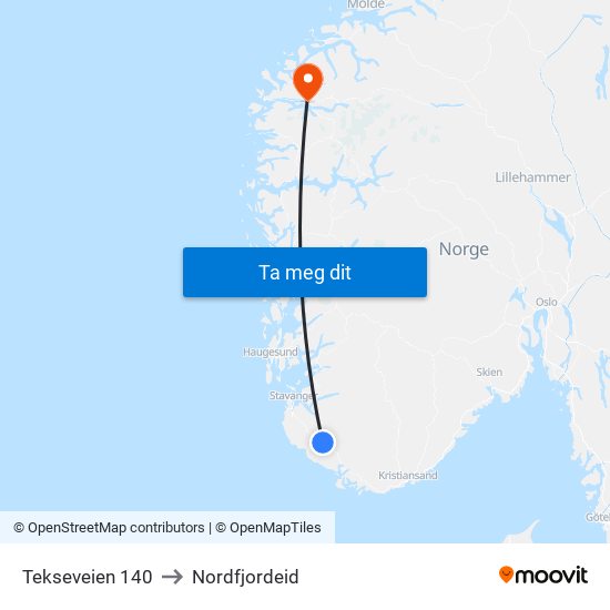 Tekseveien 140 to Nordfjordeid map