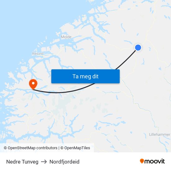Nedre Tunveg to Nordfjordeid map