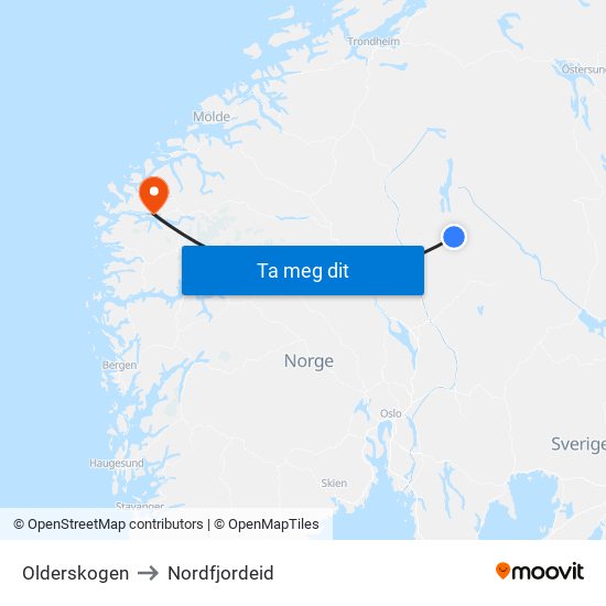 Olderskogen to Nordfjordeid map
