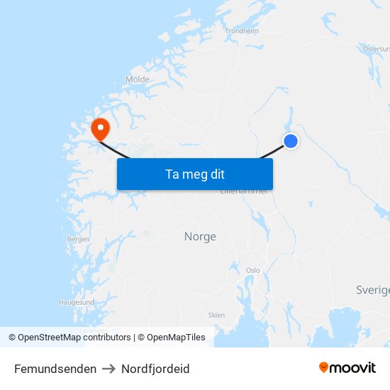 Femundsenden to Nordfjordeid map