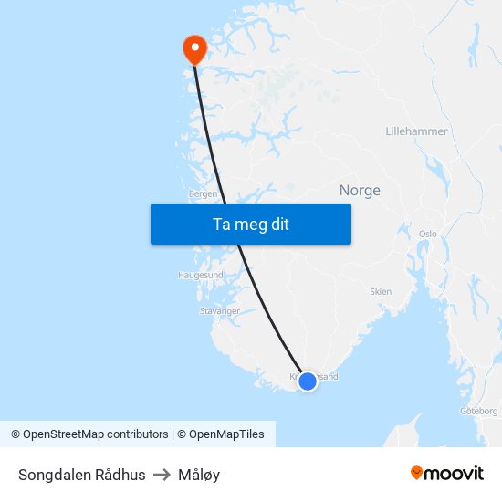 Songdalen Rådhus to Måløy map