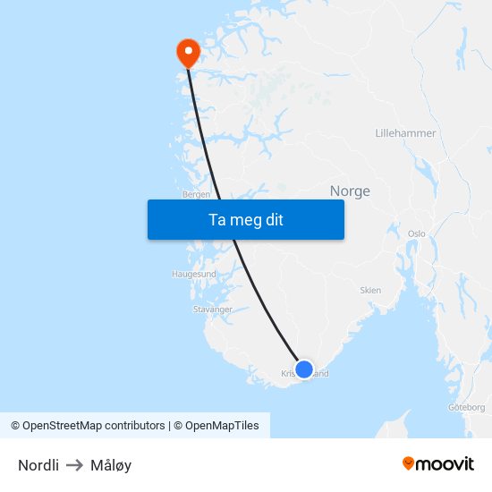 Nordli to Måløy map