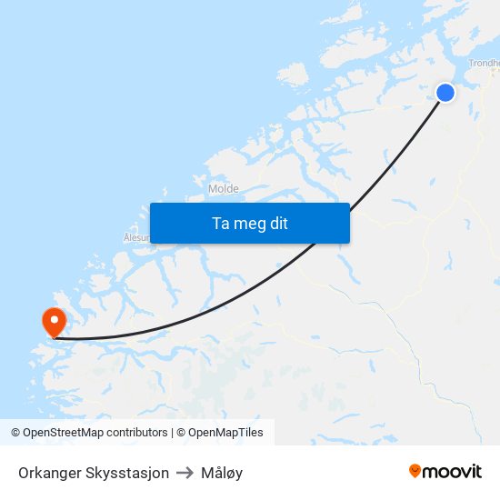 Orkanger Skysstasjon to Måløy map