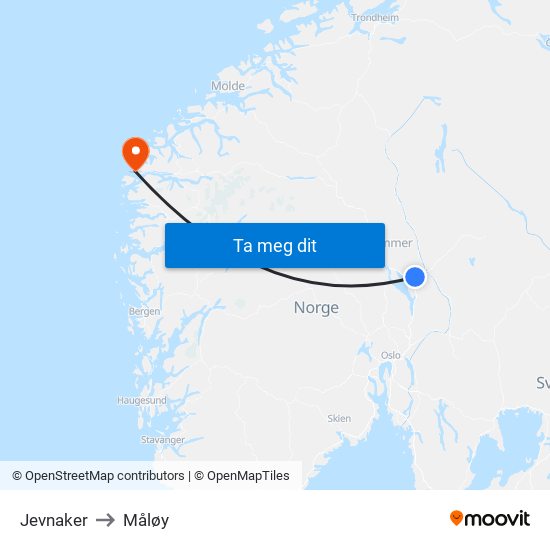 Jevnaker to Måløy map