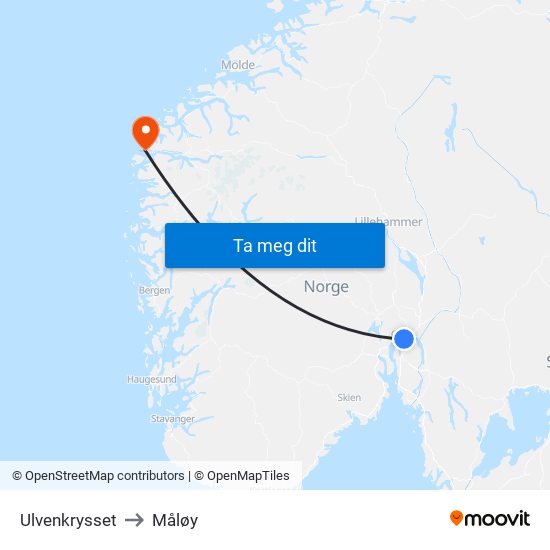 Ulvenkrysset to Måløy map