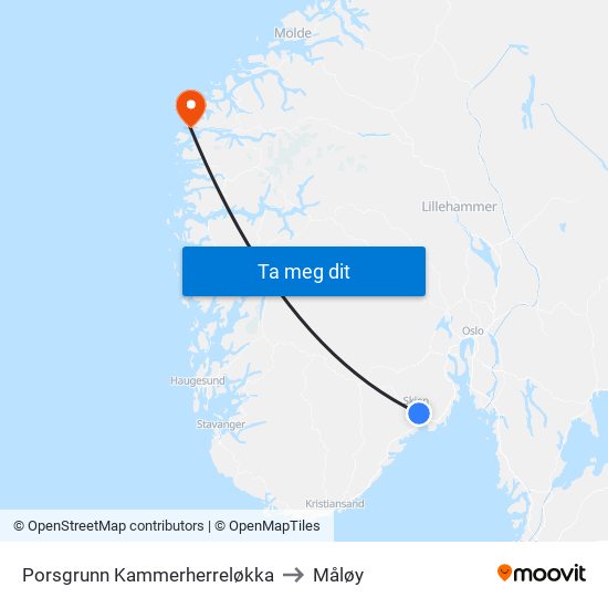 Porsgrunn Kammerherreløkka to Måløy map