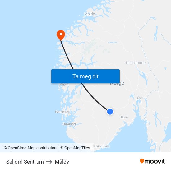 Seljord Sentrum to Måløy map