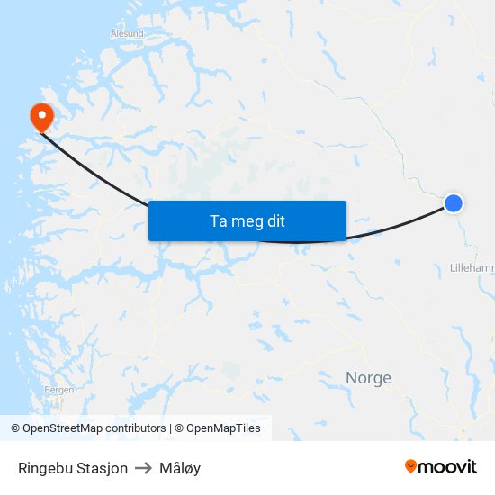 Ringebu Stasjon to Måløy map