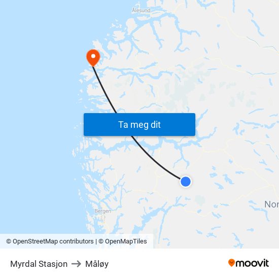Myrdal Stasjon to Måløy map