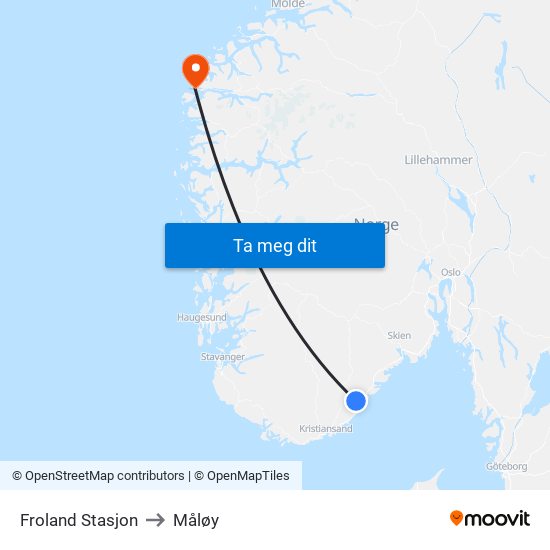 Froland Stasjon to Måløy map
