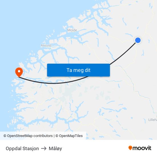 Oppdal Stasjon to Måløy map
