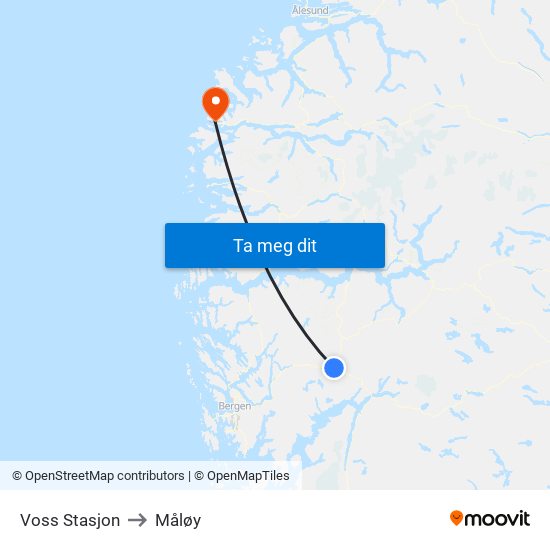 Voss Stasjon to Måløy map