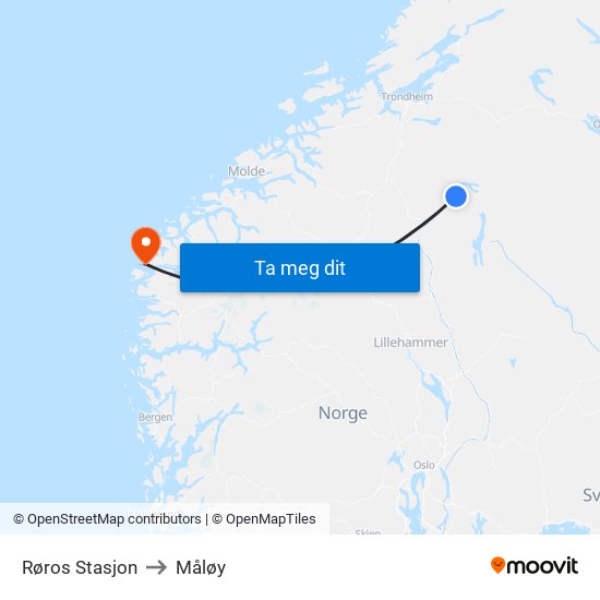 Røros Stasjon to Måløy map