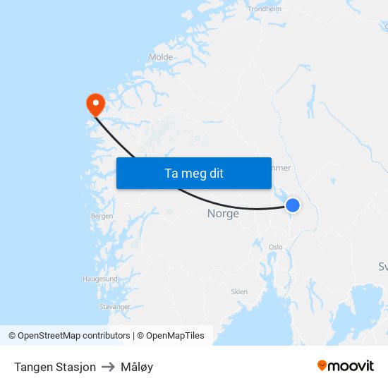 Tangen Stasjon to Måløy map