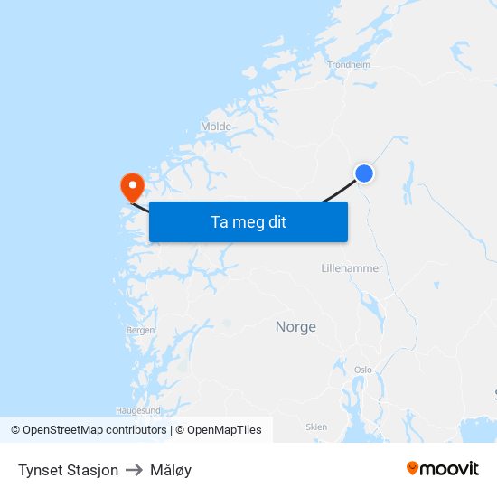 Tynset Stasjon to Måløy map
