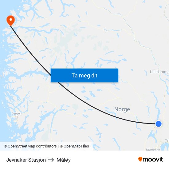 Jevnaker Stasjon to Måløy map