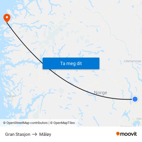 Gran Stasjon to Måløy map