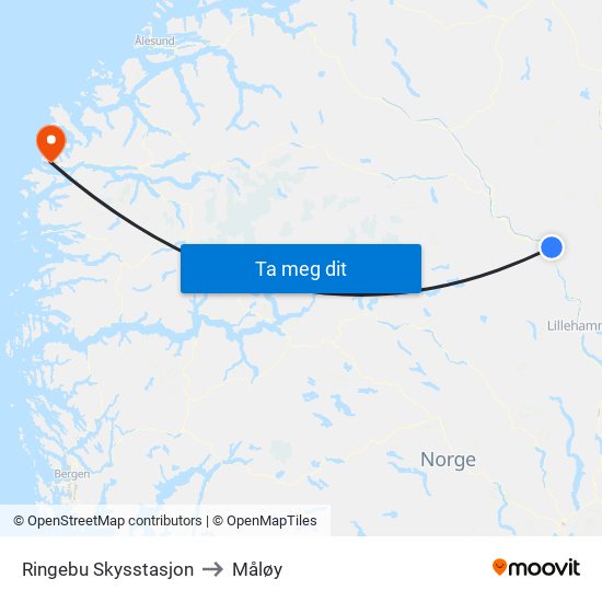 Ringebu Skysstasjon to Måløy map