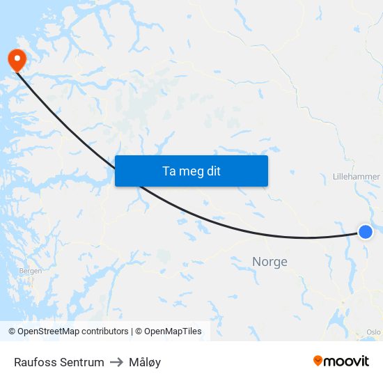 Raufoss Sentrum to Måløy map