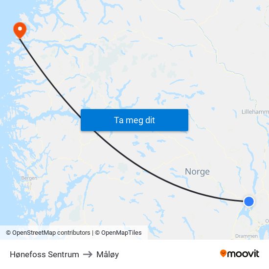 Hønefoss Sentrum to Måløy map