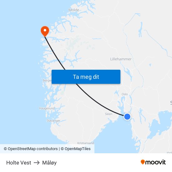 Holte Vest to Måløy map