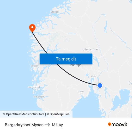 Bergerkrysset Mysen to Måløy map